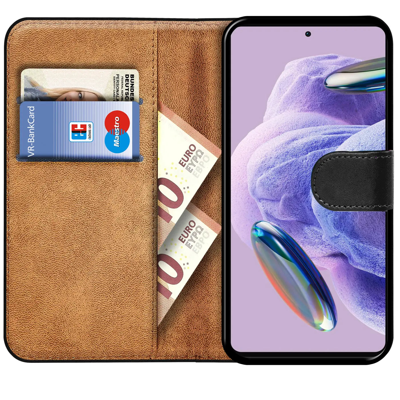 Braune Leder-Klapphülle mit Kartenfächern, zeigt Xiaomi Redmi Note 12 Pro Plus 5G.