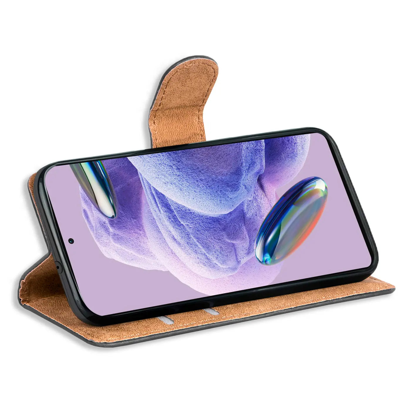 Braune Kunstleder-Klapphülle mit Kartenfächern, seitliche Ansicht, zeigt ein Xiaomi Redmi Note 12 Pro Plus 5G.