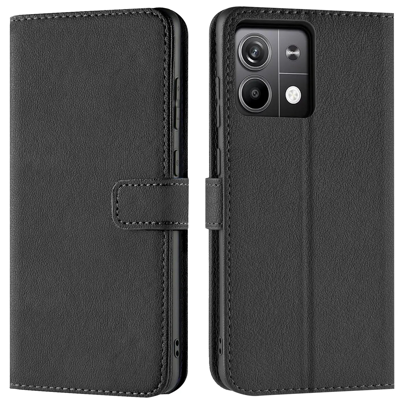 Schwarze Leder-Klapphülle mit Kartenfächern, Vorder- und Rückansicht, für Xiaomi Redmi Note 13 4G.