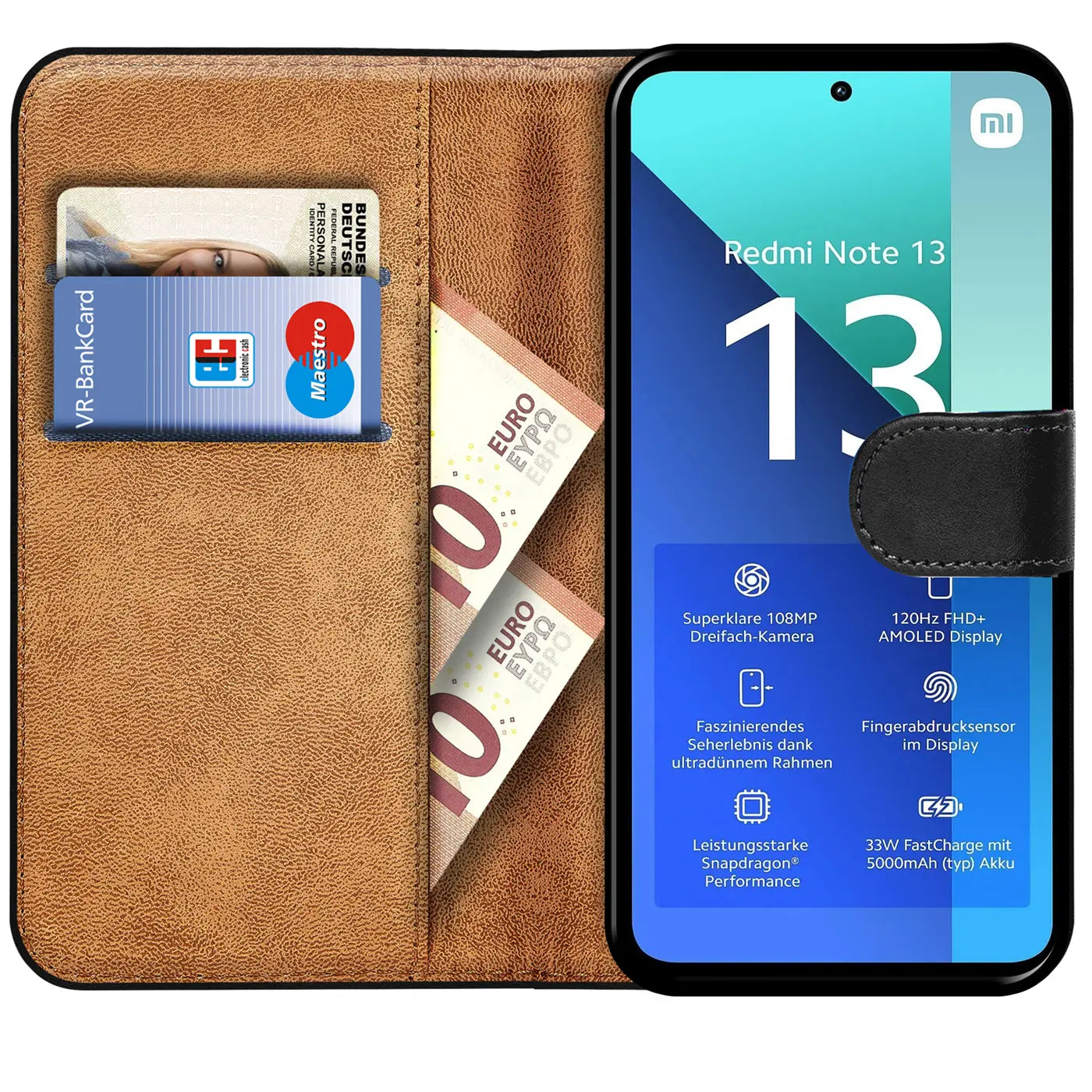 Braune Kunstleder-Klapphülle mit Kartenfächern, zeigt Xiaomi Redmi Note 13 4G.