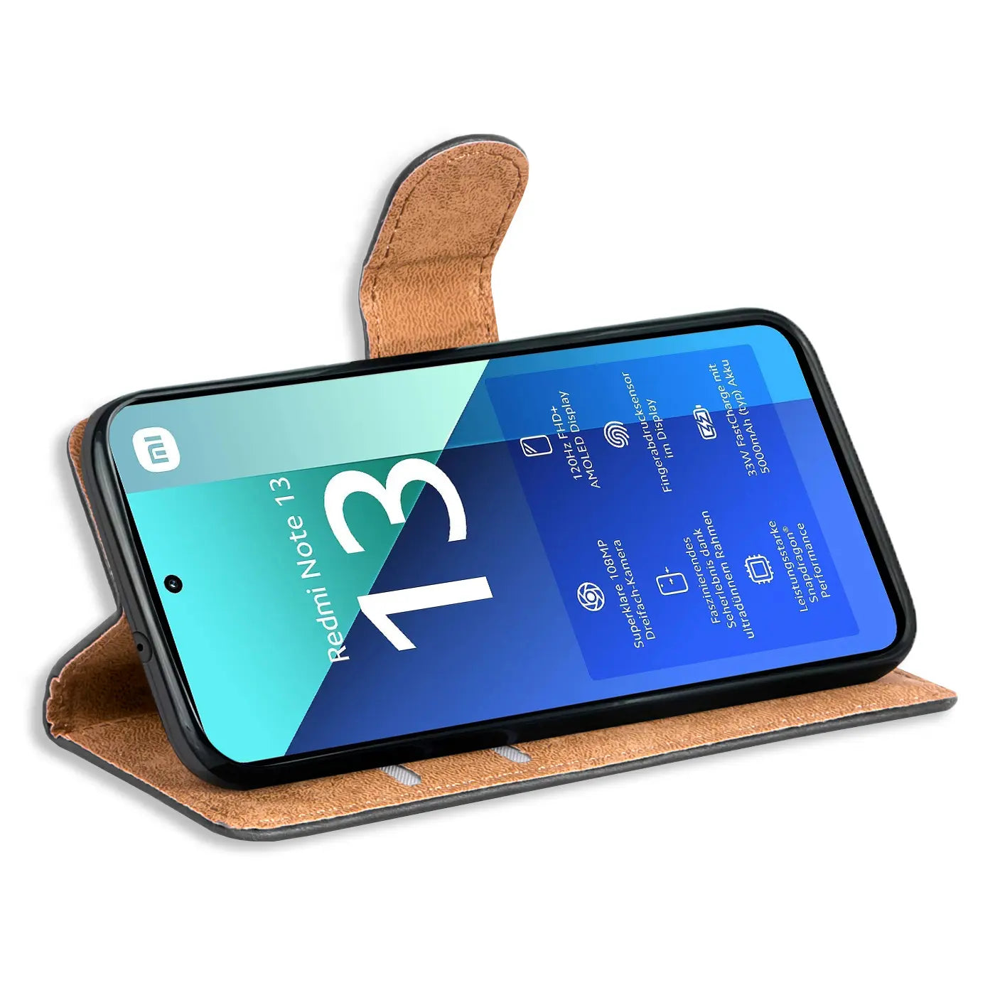 Braune Kunstleder-Klapphülle mit Kartenfächern, zeigt Xiaomi Redmi Note 13 4G.