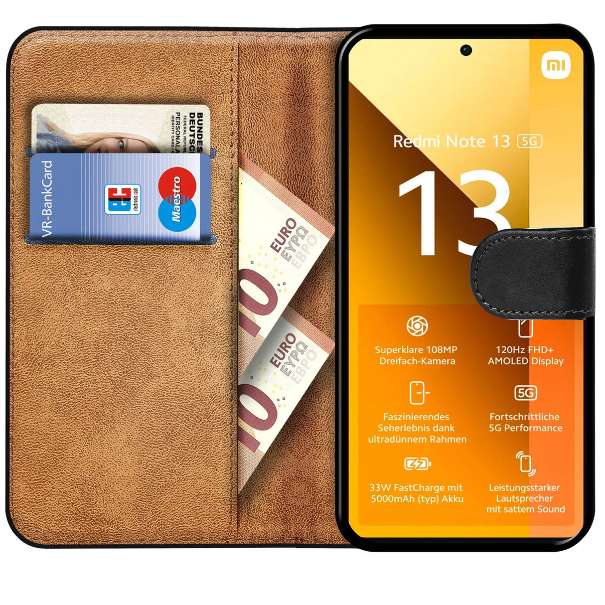 Xiaomi Redmi Note 13 5G Klapphülle in Schwarz mit Kartenfächern und Schutz