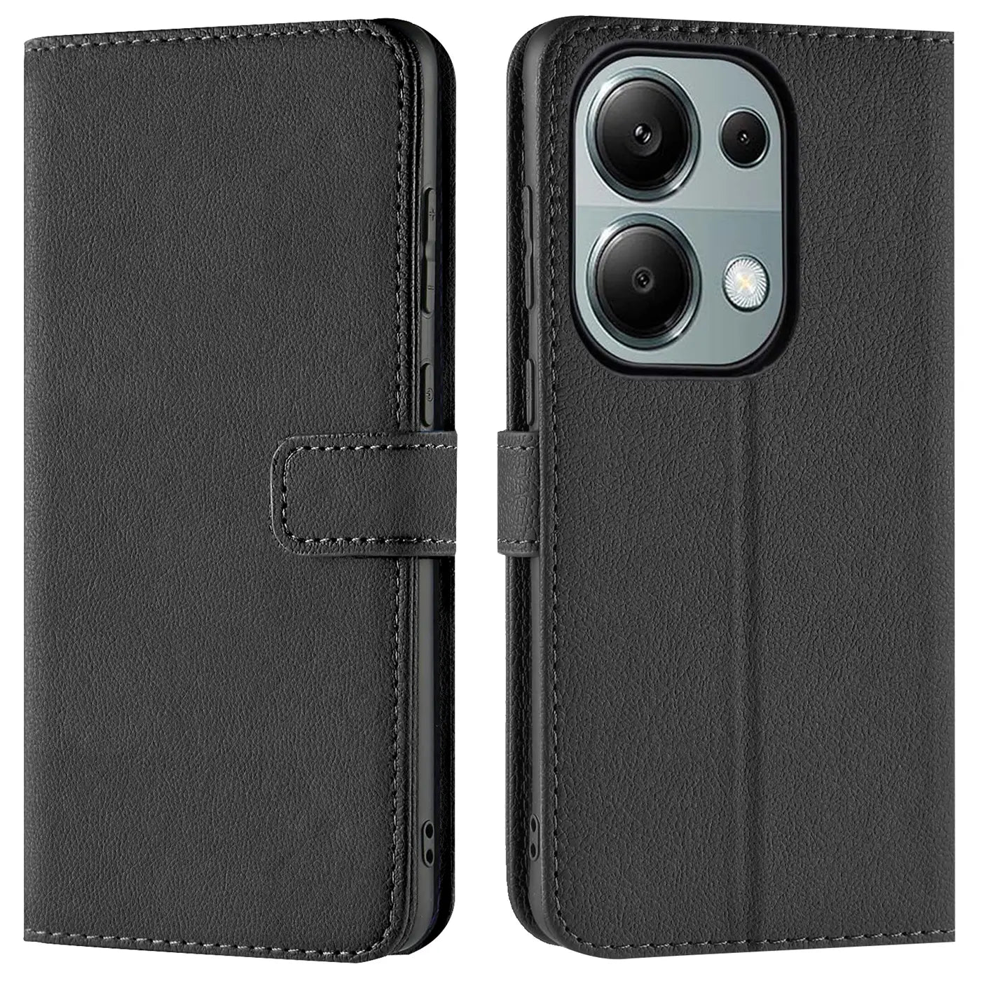 Schwarze Leder-Klapphülle mit Kartenfächern, Vorder- und Rückansicht, für Xiaomi Redmi Note 13 Pro 4G