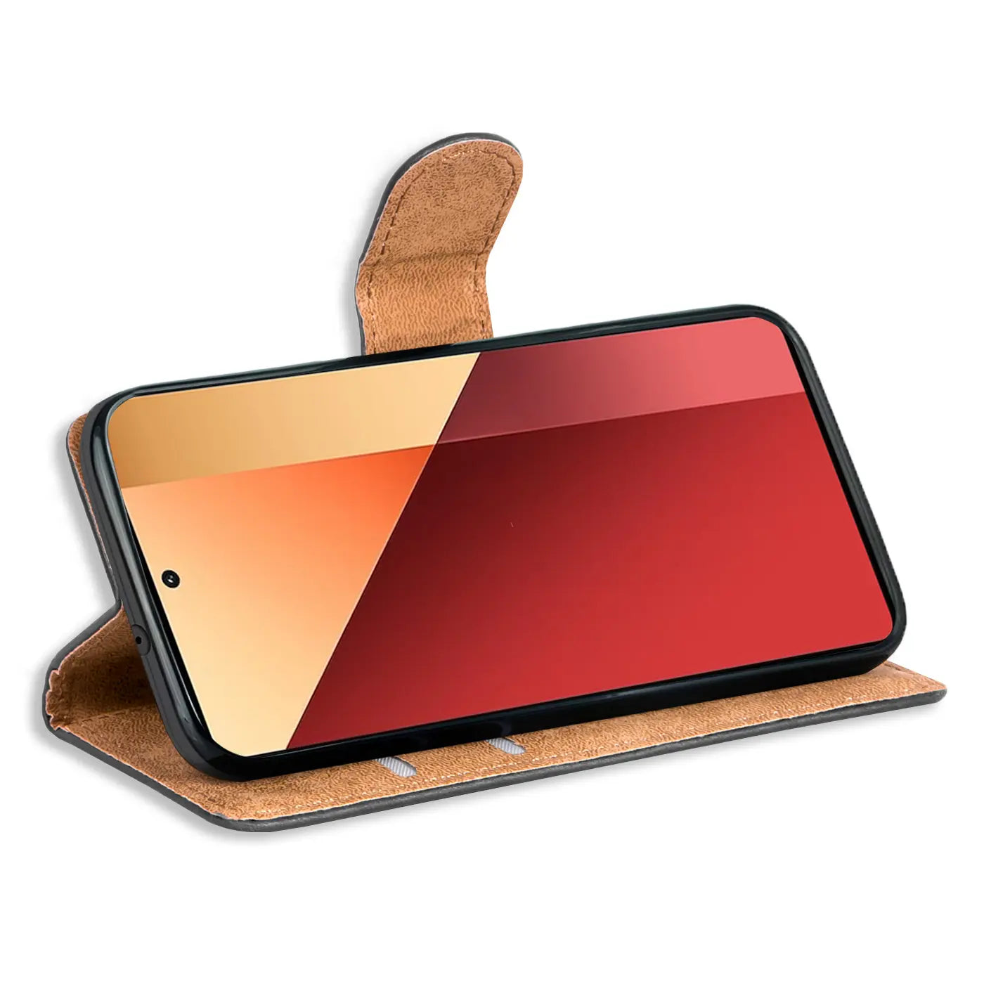 Braune Kunstleder-Klapphülle mit Kartenfächern für Xiaomi Redmi Note 13 Pro 4G, Seitenansicht.