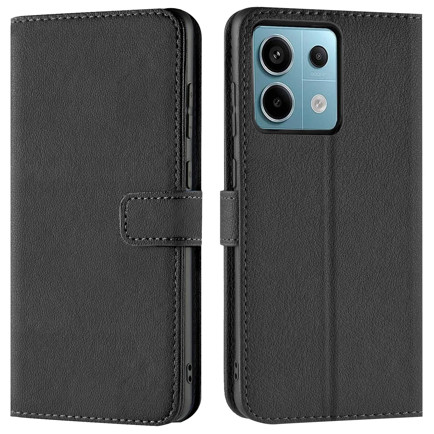 Schwarze Leder-Klapphülle, Vorder- und Rückansicht, mit sichtbarem Xiaomi Redmi Note 13 Pro 5G.