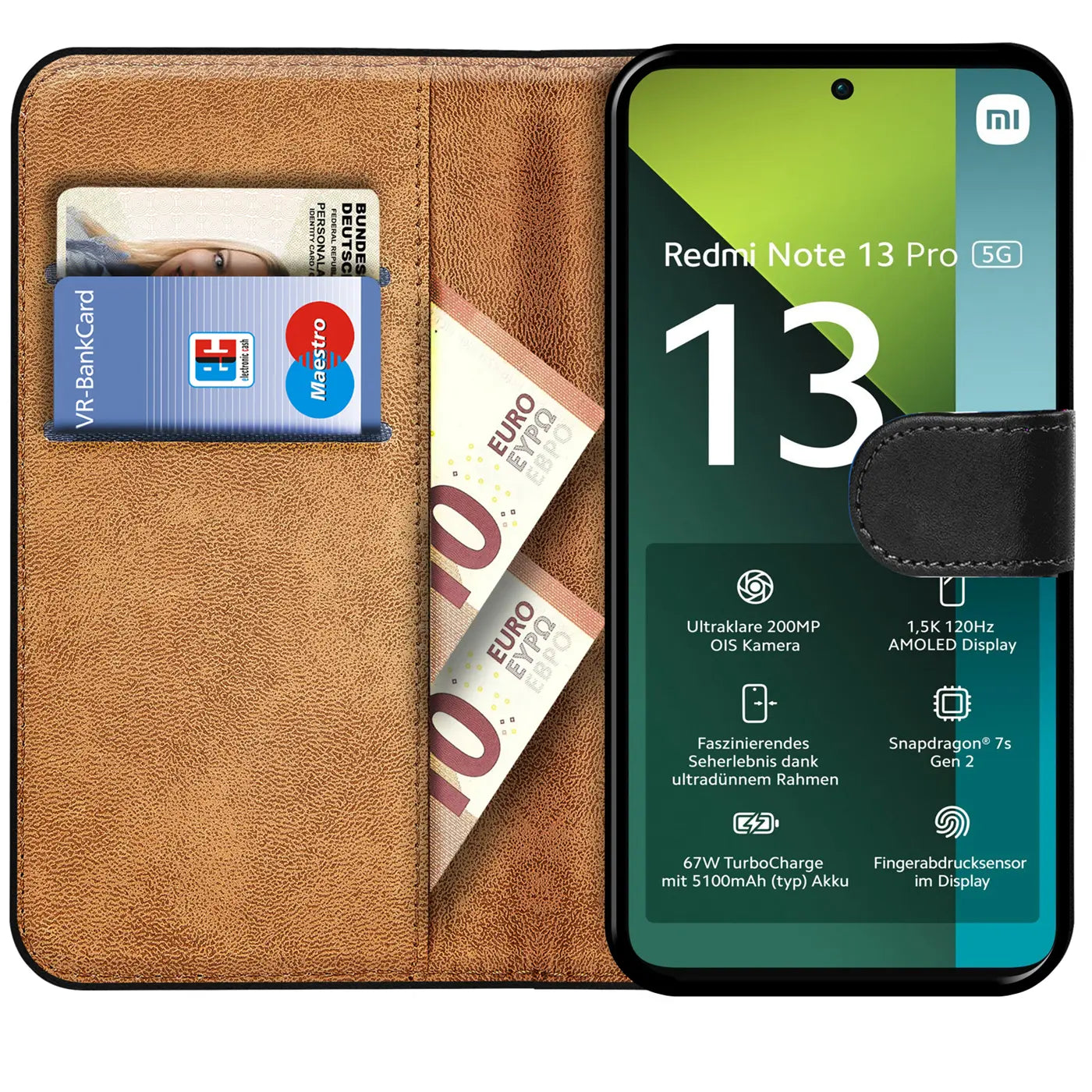 Braune Kunstleder-Klapphülle mit Kartenfächern, zeigt Xiaomi Redmi Note 13 Pro 5G.