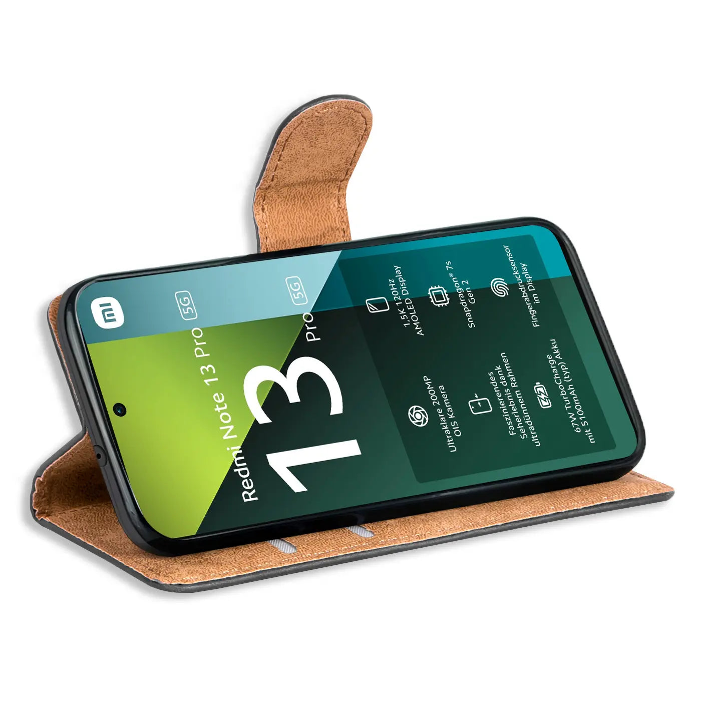Braune Kunstleder-Klapphülle mit Kartenfächern, zeigt Xiaomi Redmi Note 13 Pro 5G von vorne.