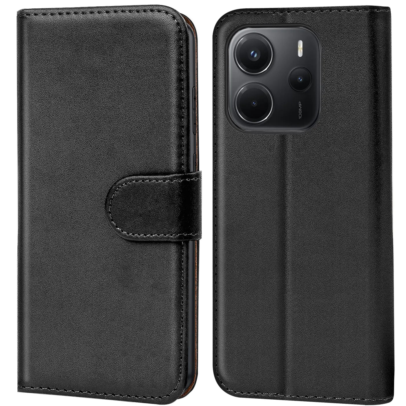 Schwarze Leder-Klapphülle mit Kartenfächern, Vorder- und Rückansicht, für Xiaomi Redmi Note 14 4G.