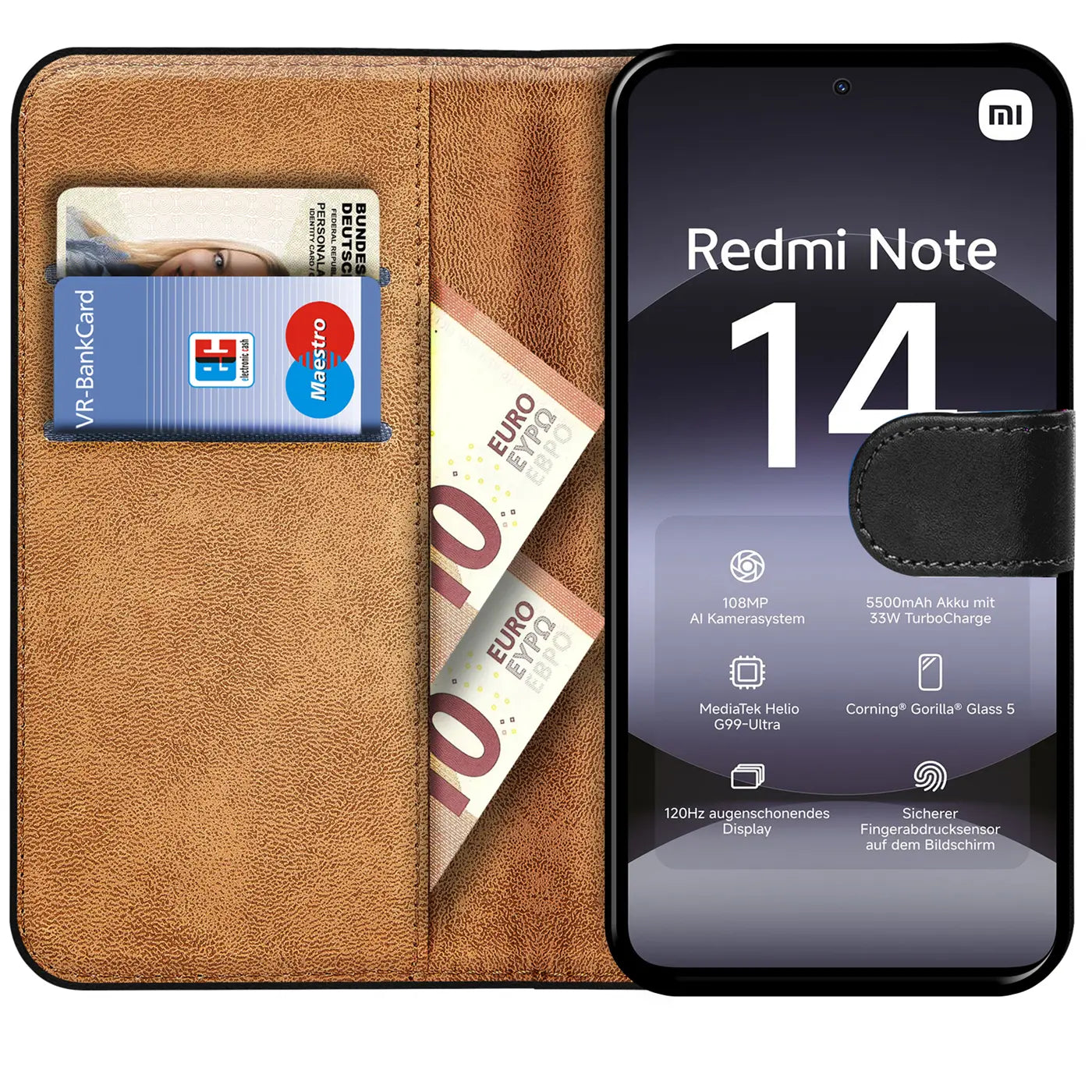 Braune Kunstleder-Klapphülle mit Kartenfächern und Geldscheinfach, zeigt Xiaomi Redmi Note 14 4G.