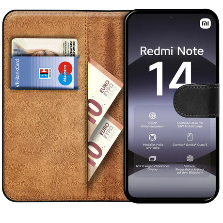 Xiaomi Redmi Note 14 (4G) Klapphülle in Schwarz mit Kartenfächern und Schutz