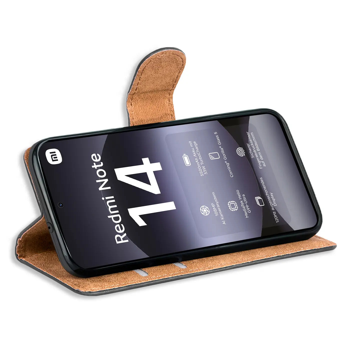 Braune Kunstleder-Klapphülle mit Kartenfächern, zeigt Xiaomi Redmi Note 14 4G.