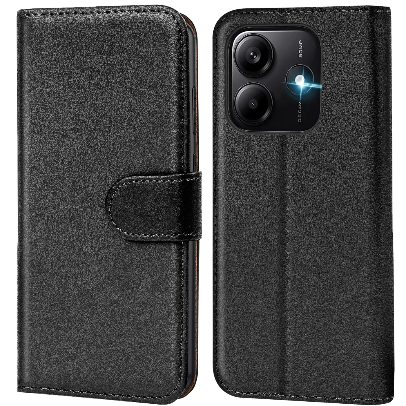 Schwarze Leder-Klapphülle, Vorder- und Rückansicht, mit Xiaomi Redmi Note 14 5G.