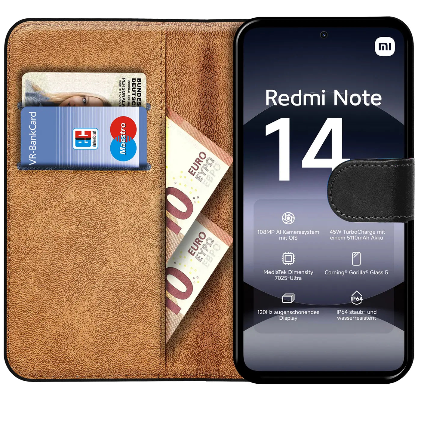 Braune Kunstleder-Klapphülle mit Kartenfächern und Geldscheinfach, zeigt Xiaomi Redmi Note 14 5G.