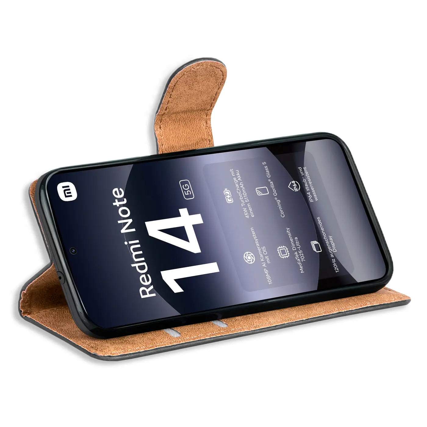 Braune Kunstleder-Klapphülle mit Kartenfächern, zeigt Xiaomi Redmi Note 14 5G.