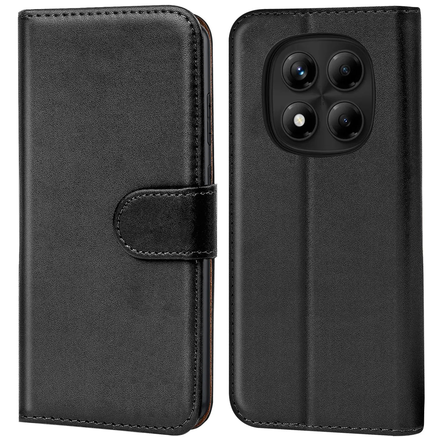 Schwarze Leder-Klapphülle mit Kartenfächern, Vorder- und Rückansicht, für Xiaomi Redmi Note 14 Pro 4G.