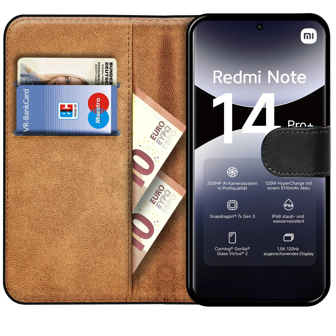 Braune Kunstleder-Klapphülle mit Kartenfächern, Geld, VR-BankCard, Maestro, Euroscheinen, Xiaomi Redmi Note 14 Pro+ 5G.
