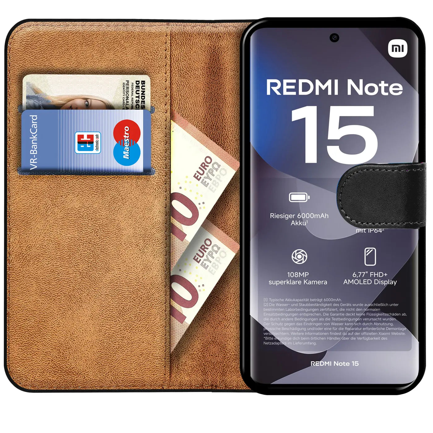 Braune Kunstleder-Klapphülle mit Kartenfächern und Geldscheinfach, zeigt Xiaomi Redmi Note 15 5G.