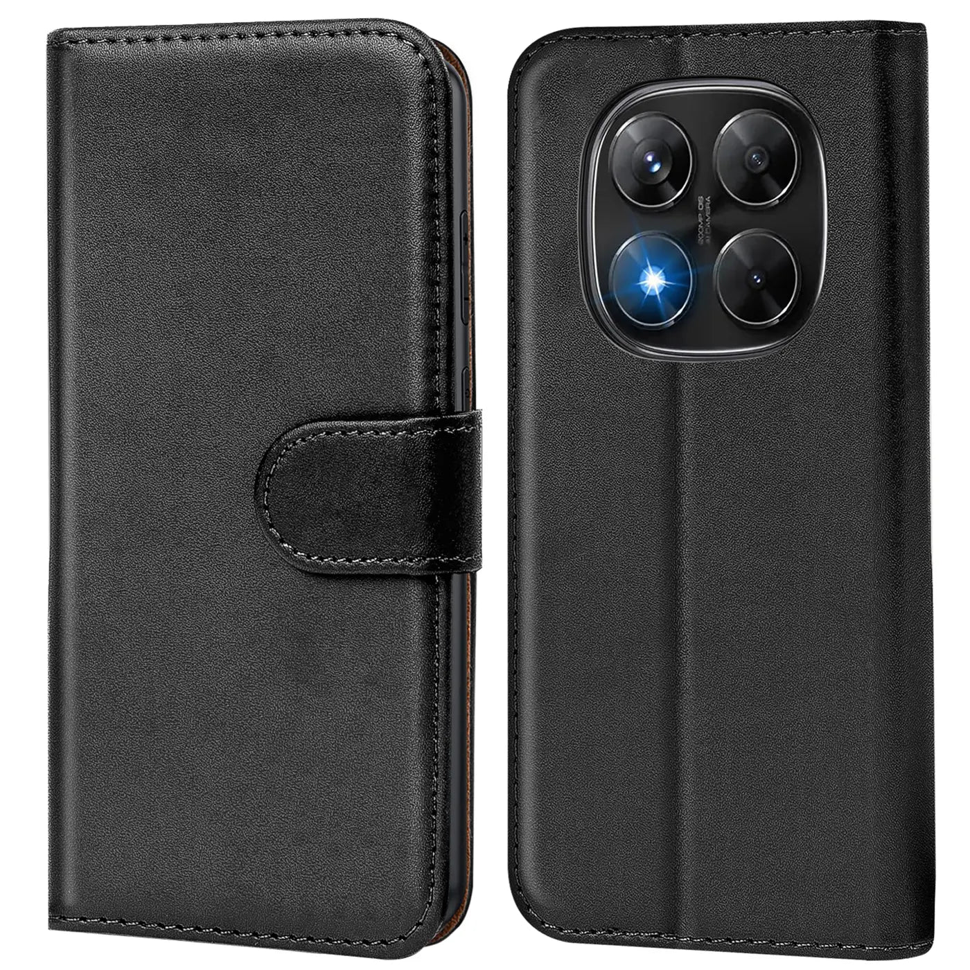 Schwarze Leder-Klapphülle mit Kartenfächern, Vorder- und Rückseite, für Xiaomi Redmi Note 15 Pro+ 5G.