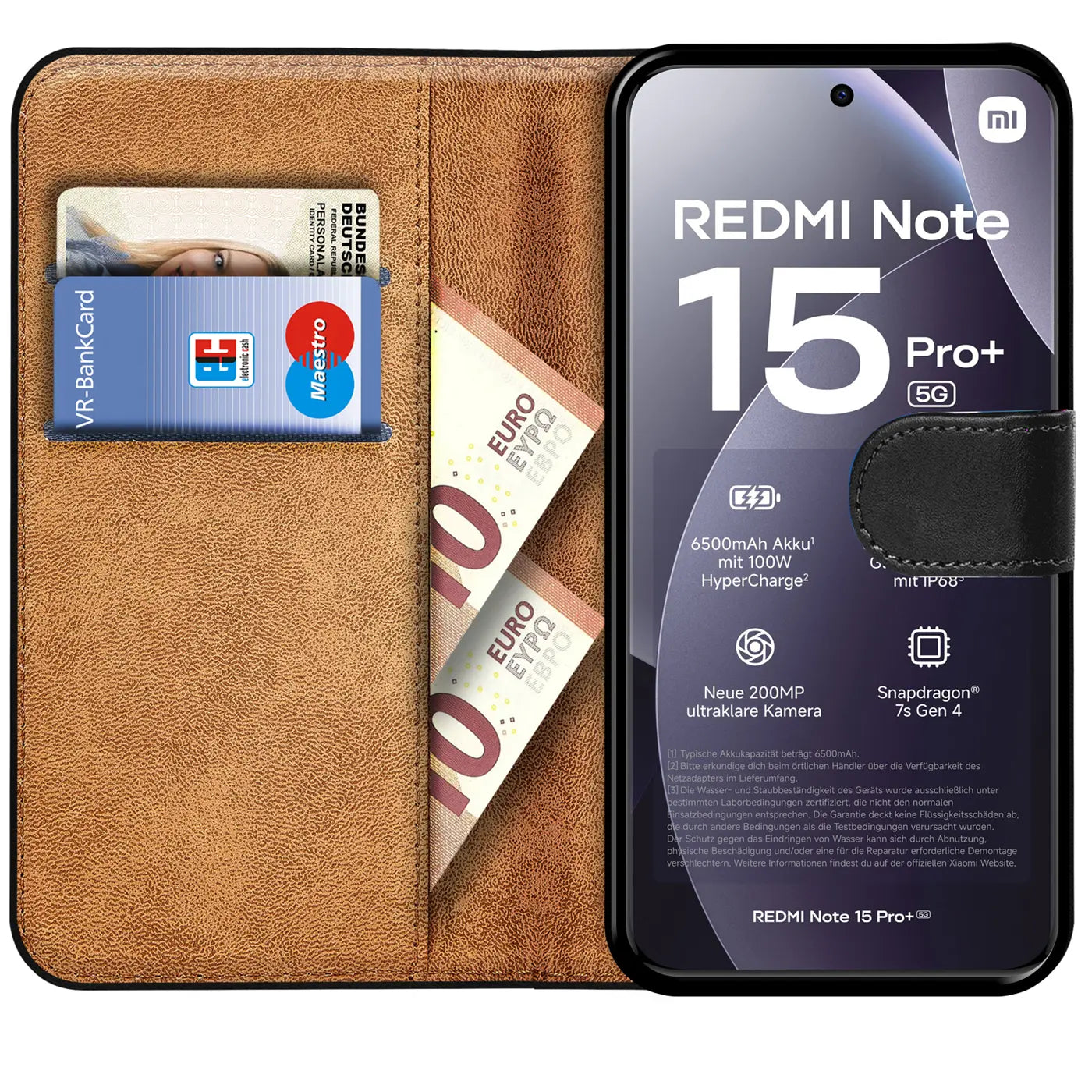 Braune Kunstleder-Klapphülle mit Kartenfächern und Geldscheinfach, zeigt Xiaomi Redmi Note 15 Pro+ 5G.