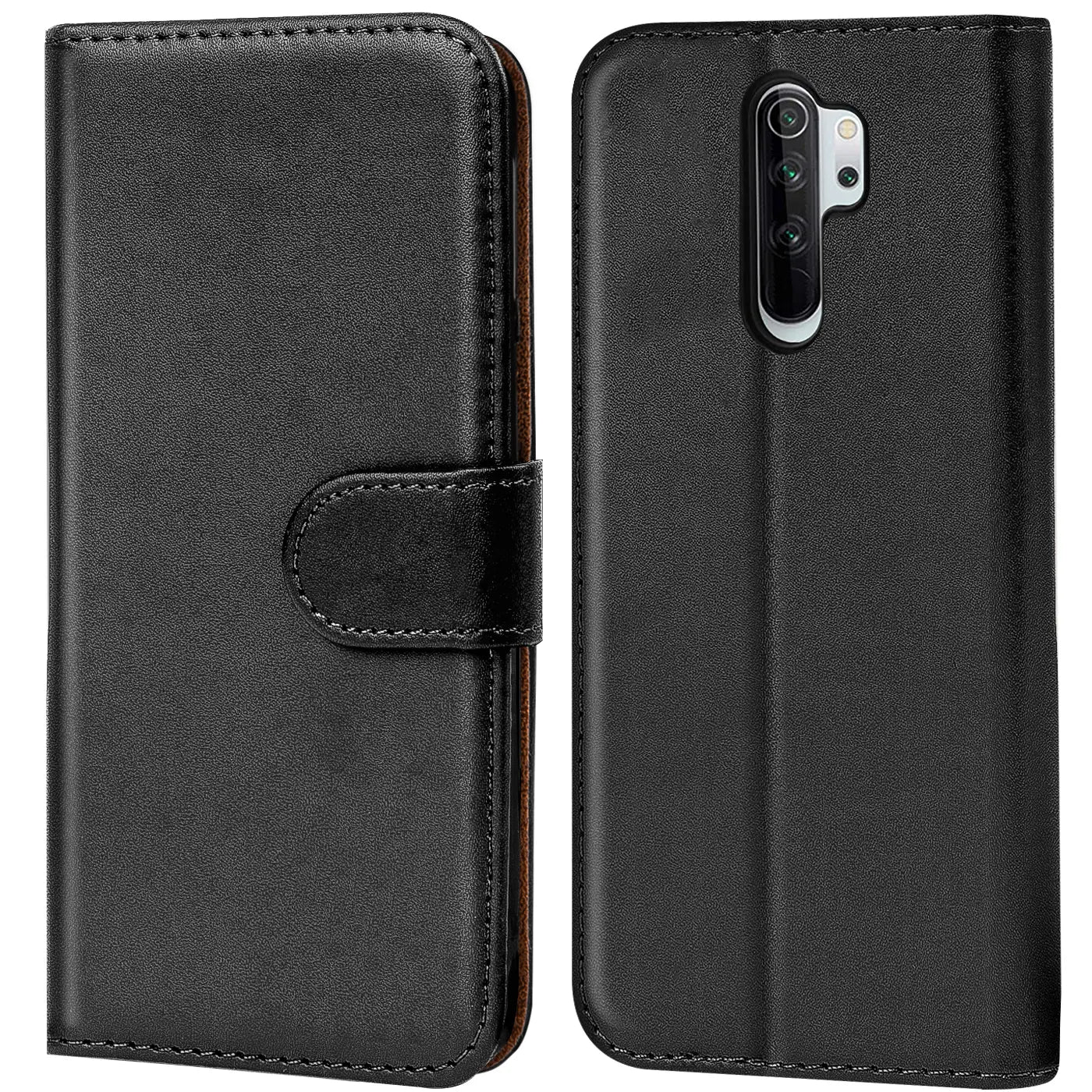 Schwarze Leder-Klapphülle für Xiaomi Redmi Note 8 Pro, Vorder- und Rückansicht