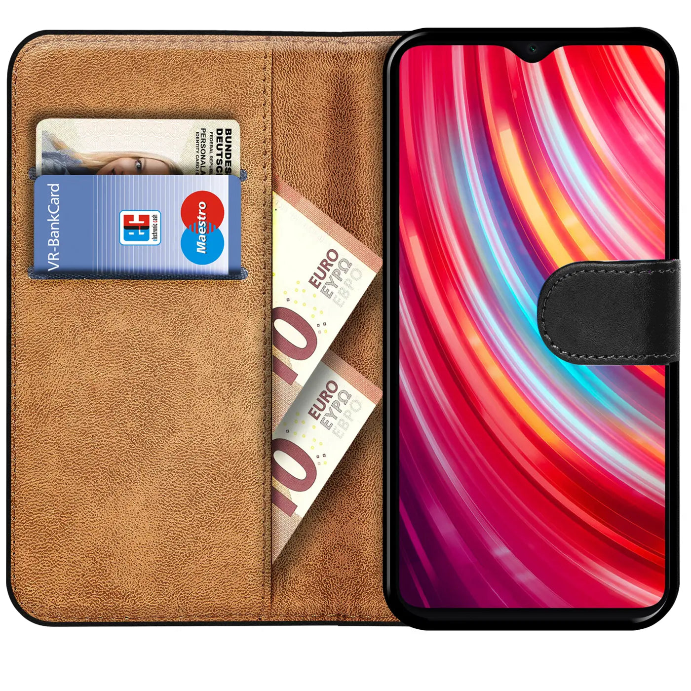 Braune Kunstleder-Klapphülle mit Kartenfächern, zeigt Xiaomi Redmi Note 8 Pro.