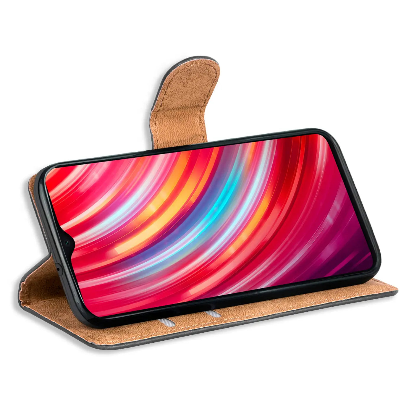Braune Kunstleder-Klapphülle mit Kartenfächern, seitliche Ansicht, zeigt Xiaomi Redmi Note 8 Pro.