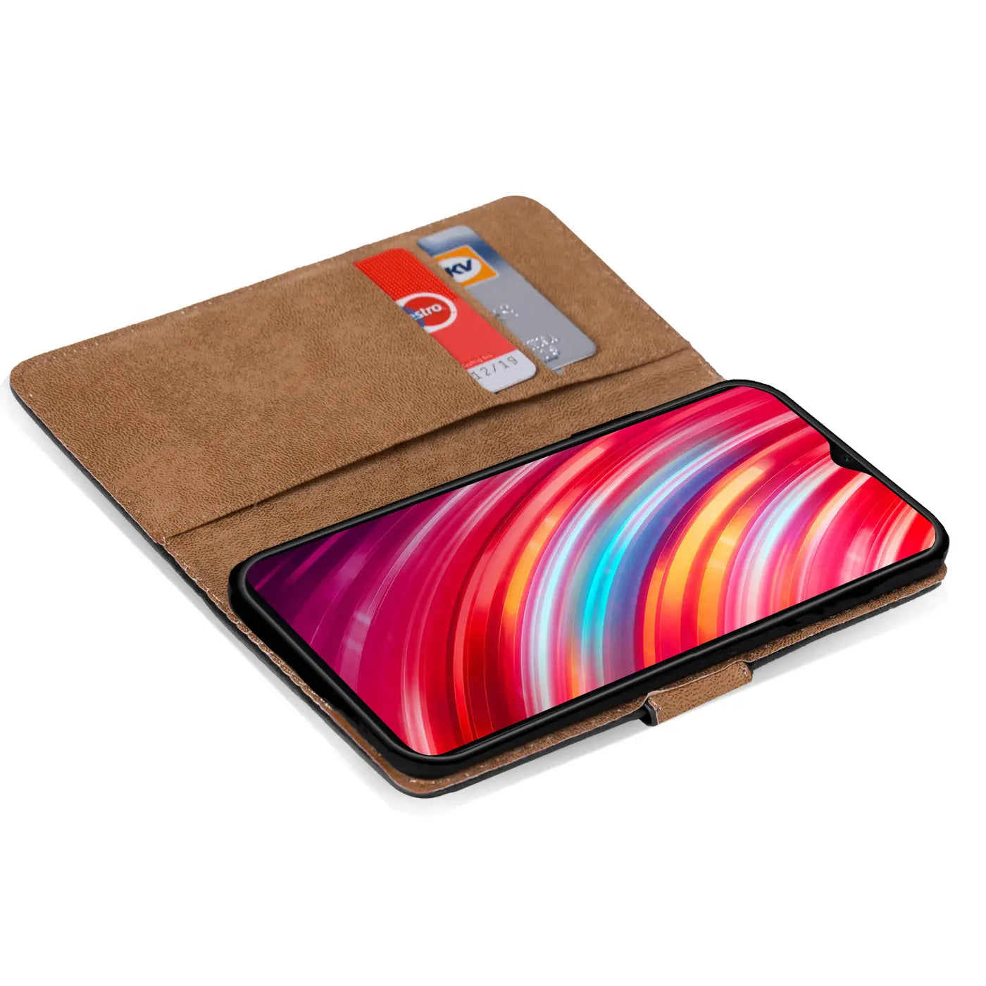 Braune Kunstleder-Klapphülle mit Kartenfächern, zeigt ein Xiaomi Redmi Note 8 Pro.