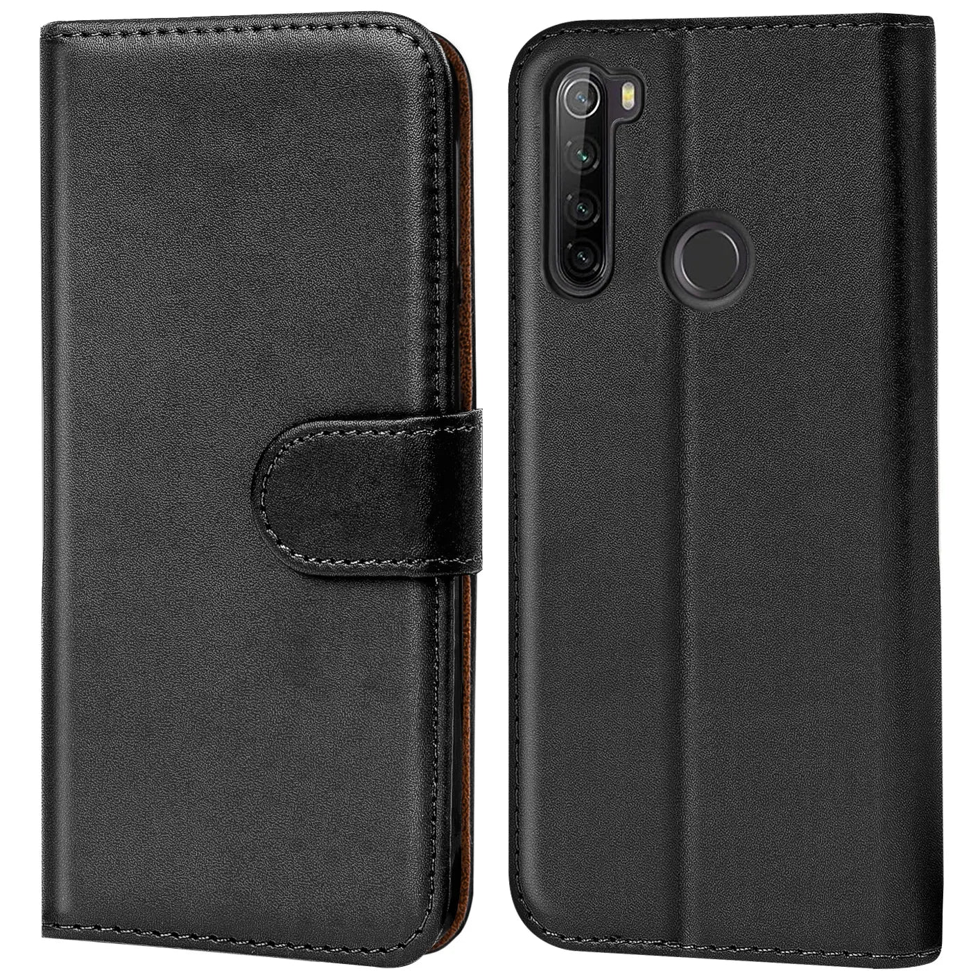 Schwarze Leder-Klapphülle mit Kartenfächern, Vorder- und Rückansicht, Xiaomi Redmi Note 8T.