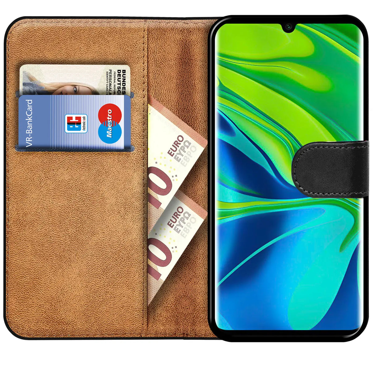 Xiaomi Redmi Note 8T Klapphülle in Schwarz mit Kartenfächern und Schutz