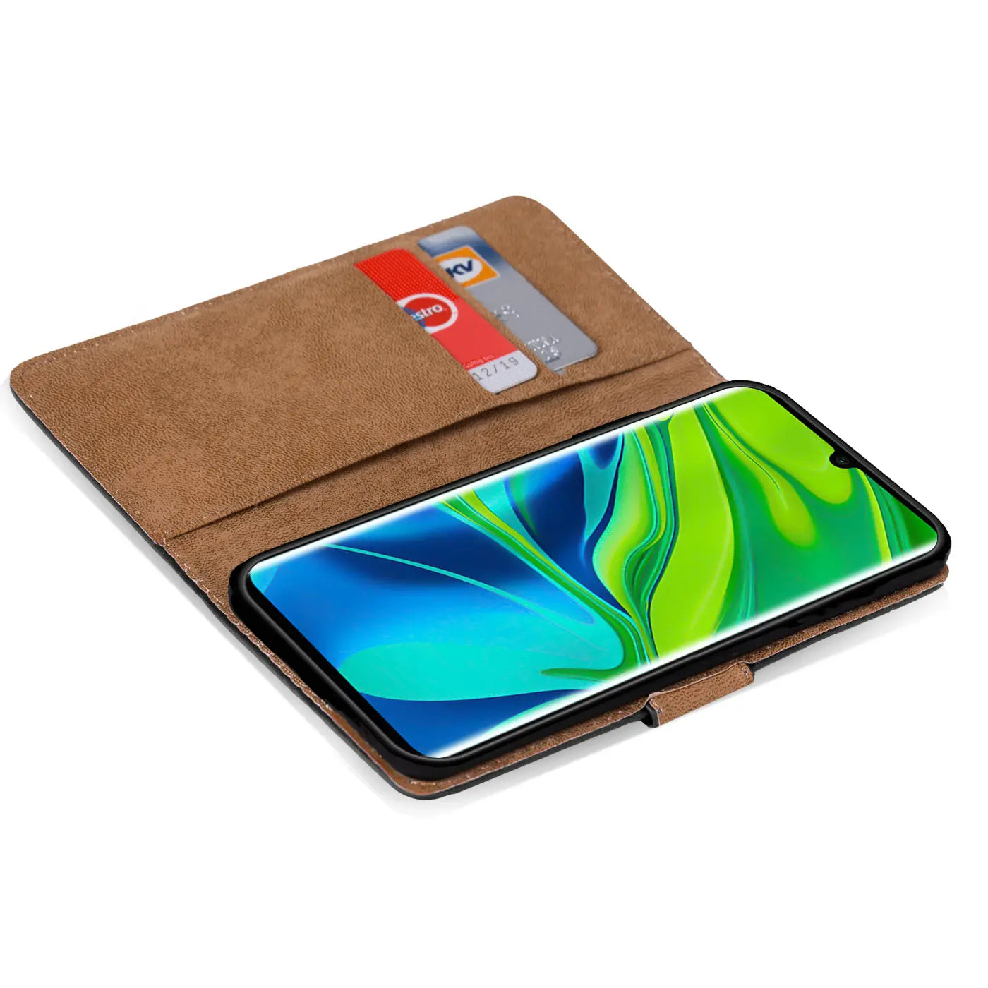 Braune Kunstleder-Klapphülle mit Kartenfächern, zeigt Xiaomi Redmi Note 8T.