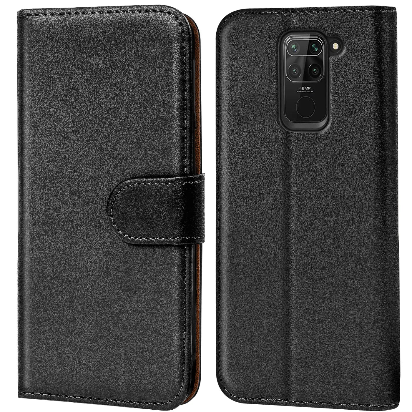 Schwarze Leder-Klapphülle mit Kartenfächern, Vorder- und Rückansicht, für Xiaomi Redmi Note 9.