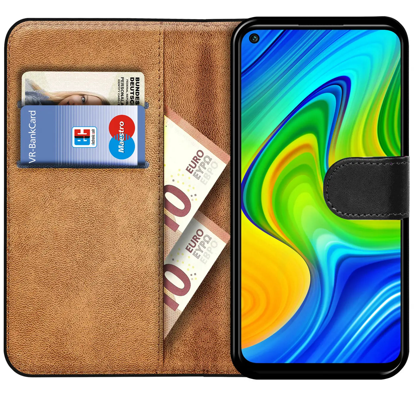 Braune Kunstleder-Klapphülle mit Kartenfächern und Xiaomi Redmi Note 9.