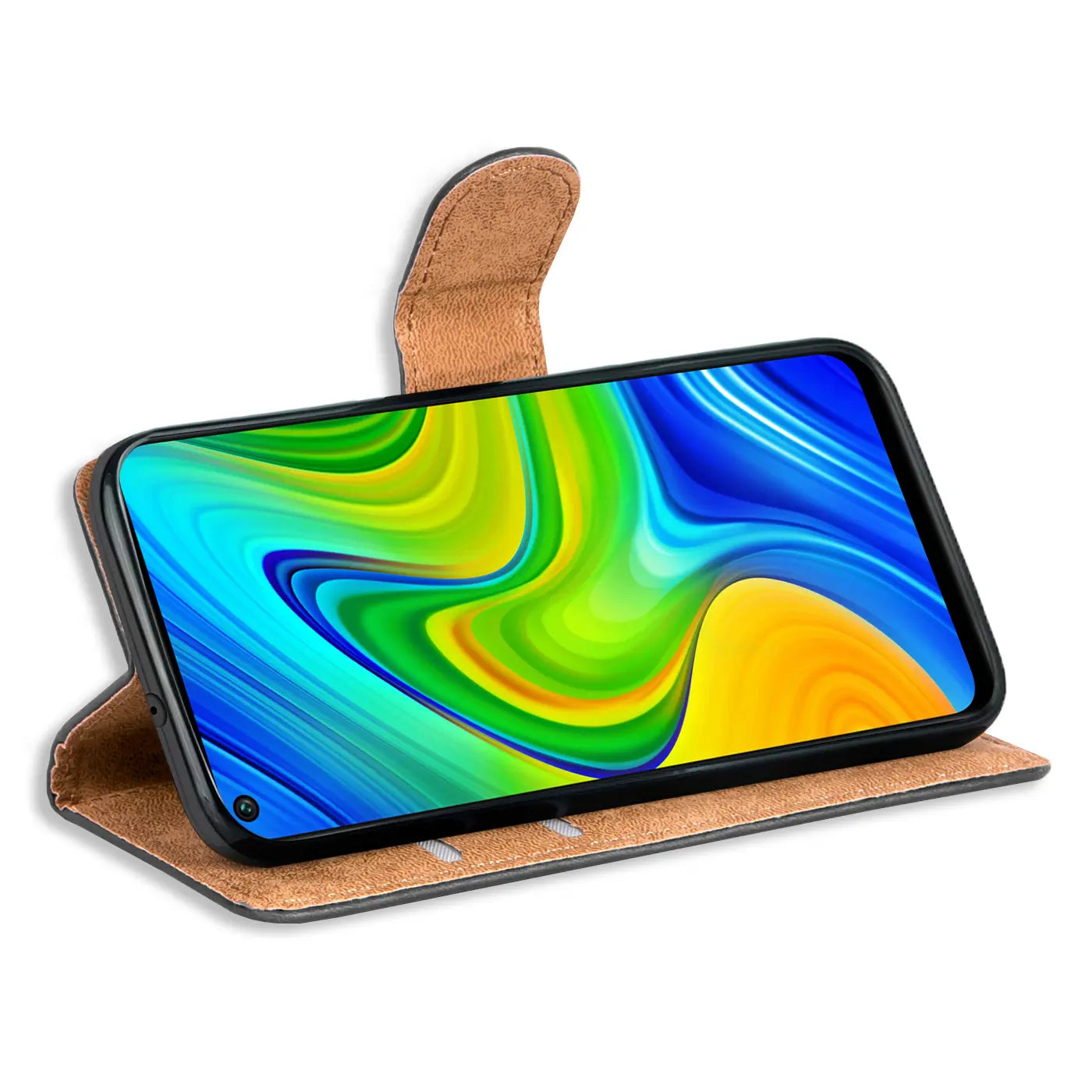Braune Kunstleder-Klapphülle mit Kartenfächern, zeigt Xiaomi Redmi Note 9 von vorne.