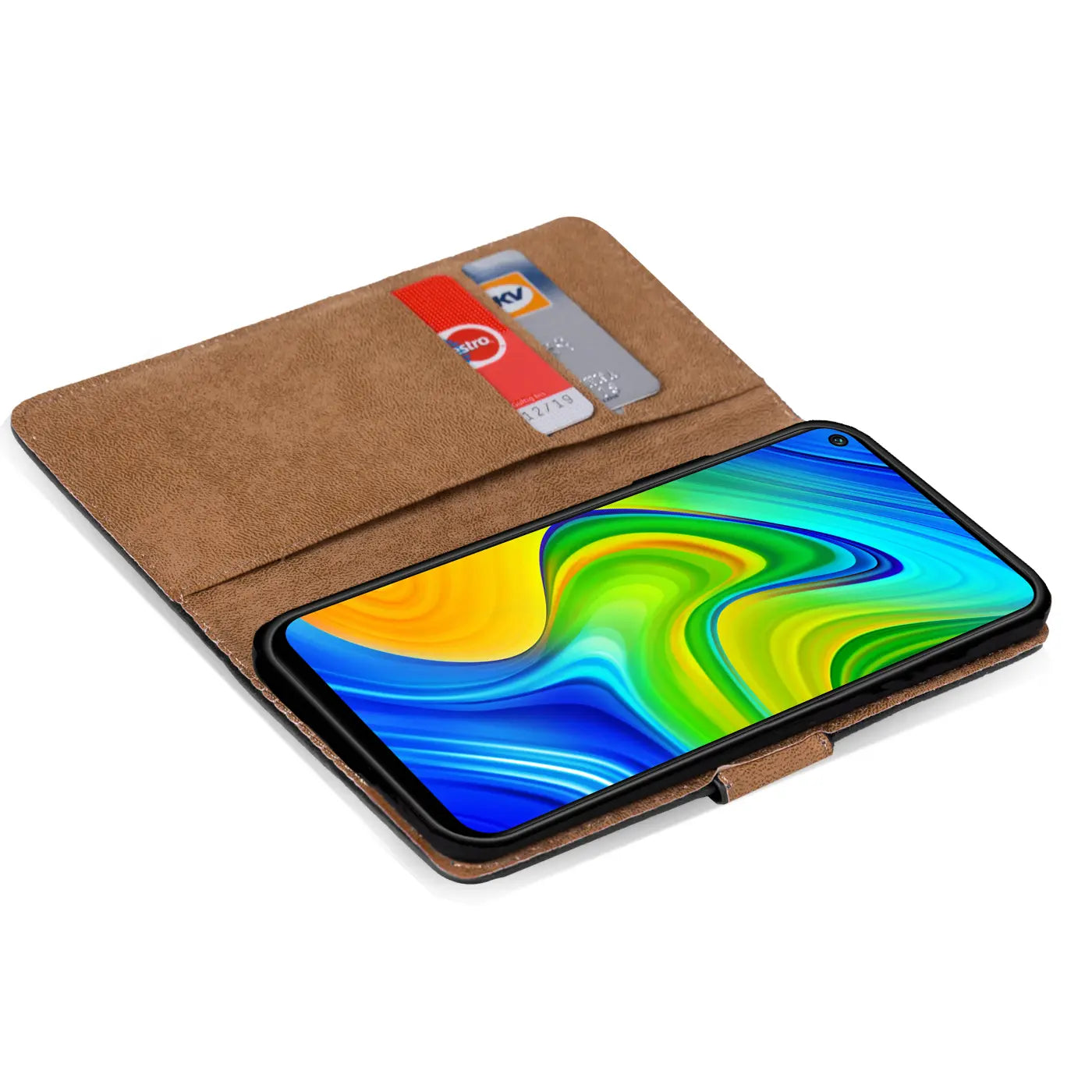 Braune Kunstleder-Klapphülle mit Kartenfächern, zeigt ein Xiaomi Redmi Note 9.
