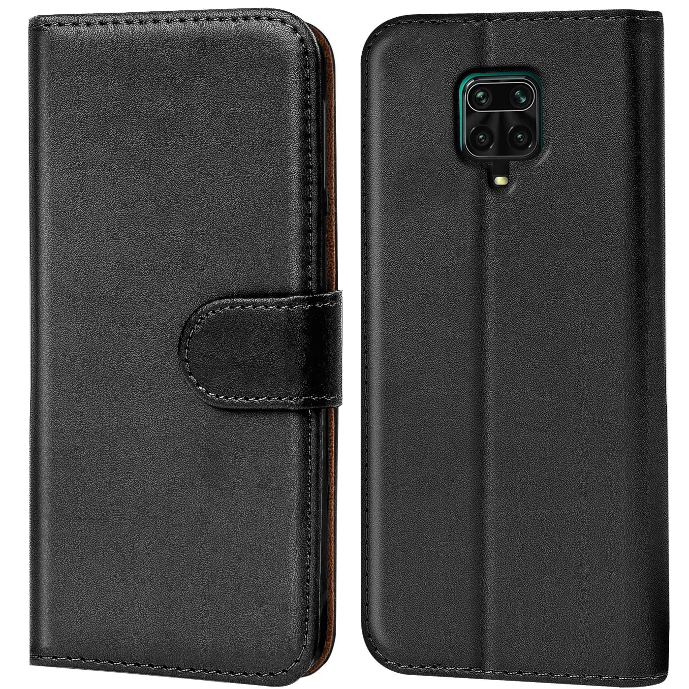 Schwarze Leder-Klapphülle mit Kartenfächern, Vorder- und Rückansicht, für Xiaomi Redmi Note 9 Pro/9S