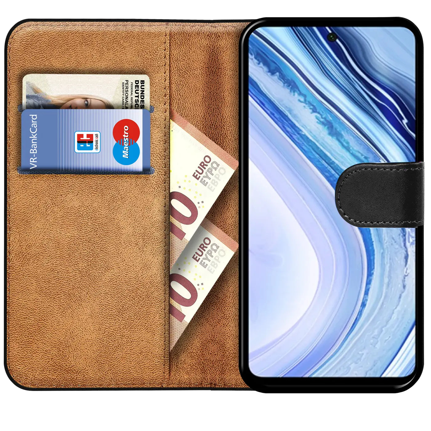 Braune Kunstleder-Klapphülle mit Kartenfächern, Vorderansicht, zeigt Xiaomi Redmi Note 9 Pro/9S.