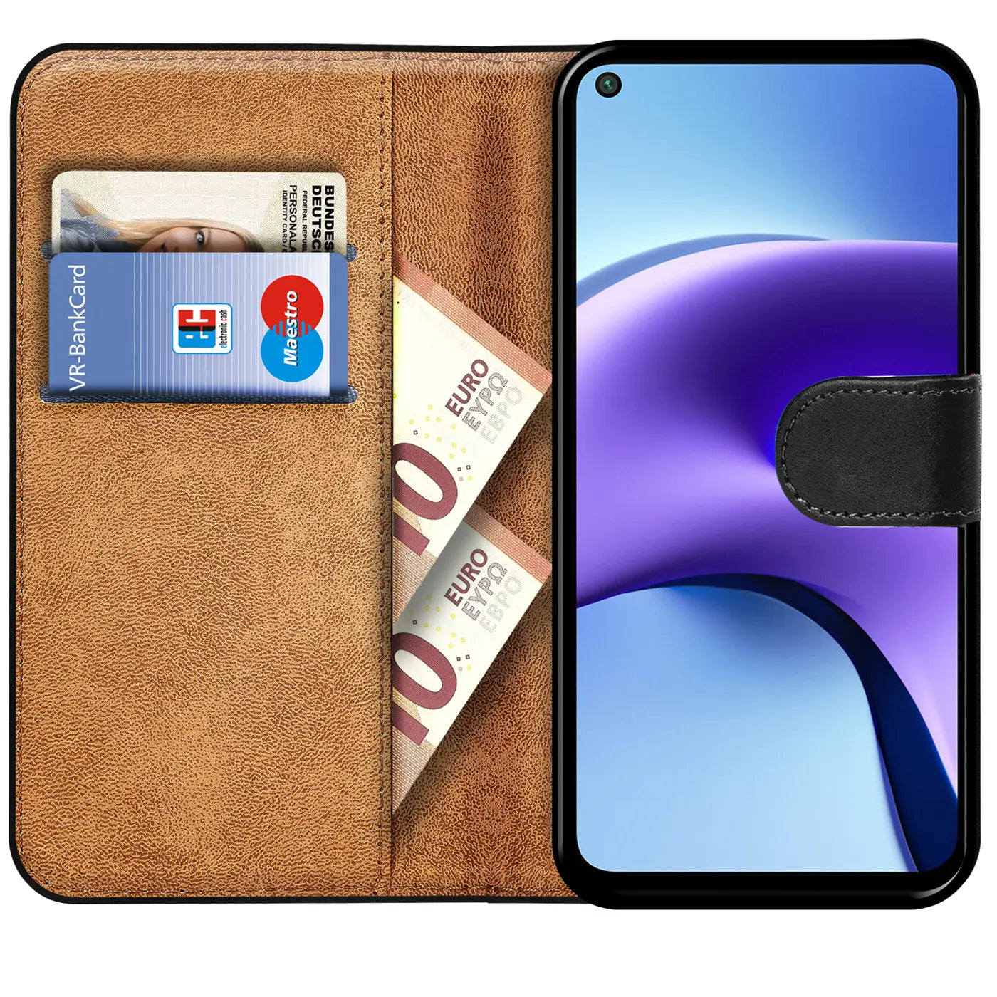 Braune Kunstleder-Klapphülle mit Kartenfächern, zeigt ein Xiaomi Redmi Note 9T.