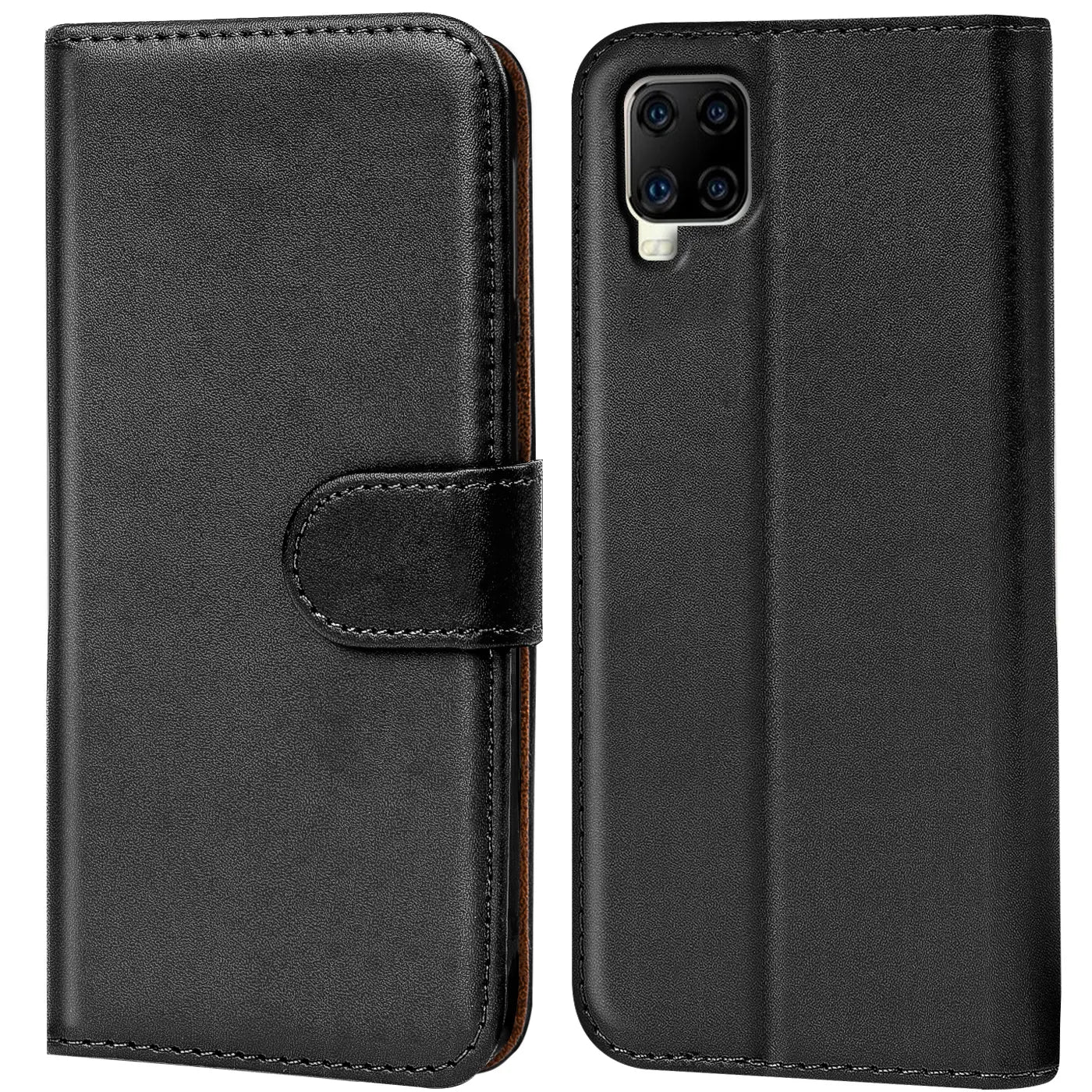 Schwarze Leder-Klapphülle mit Kartenfächern, Vorder- und Rückansicht, für ZTE Axon 11.