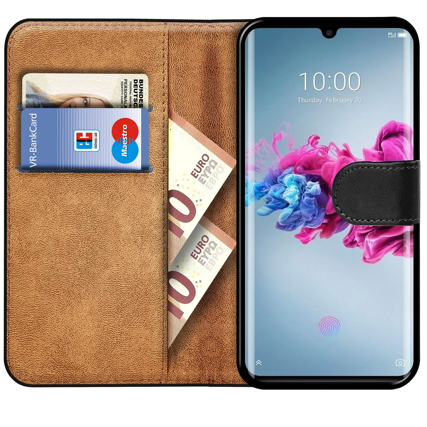 Braune Kunstleder-Klapphülle mit Kartenfächern und Geldscheinfach, zeigt ZTE Axon 11.