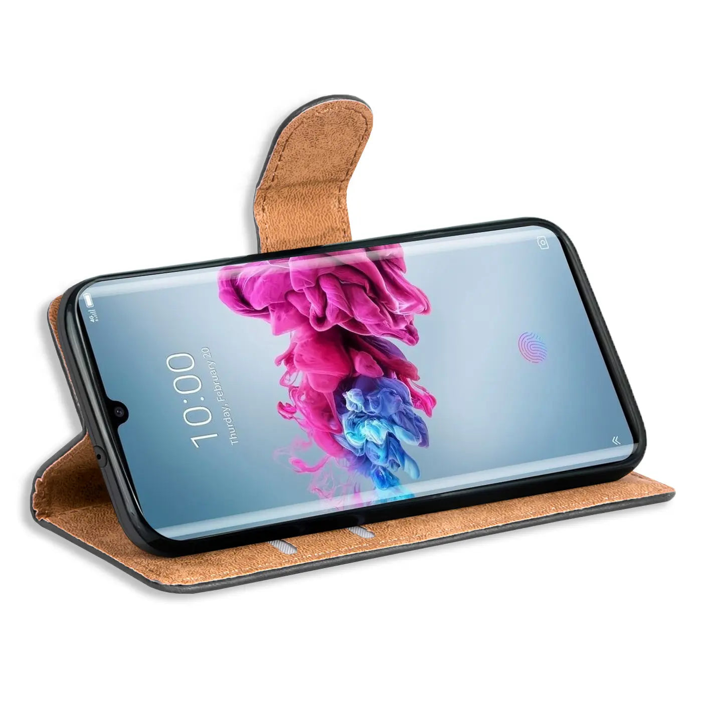 Braune Leder-Klapphülle mit Kartenfächern für ZTE Axon 11, von vorne schräg.