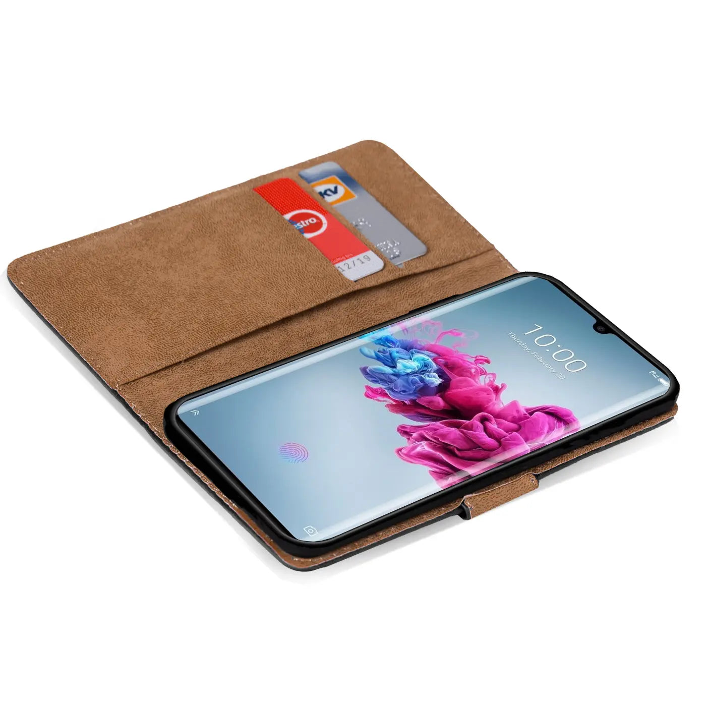 Braune Kunstleder-Klapphülle mit Kartenfächern für ZTE Axon 11, von oben gesehen.