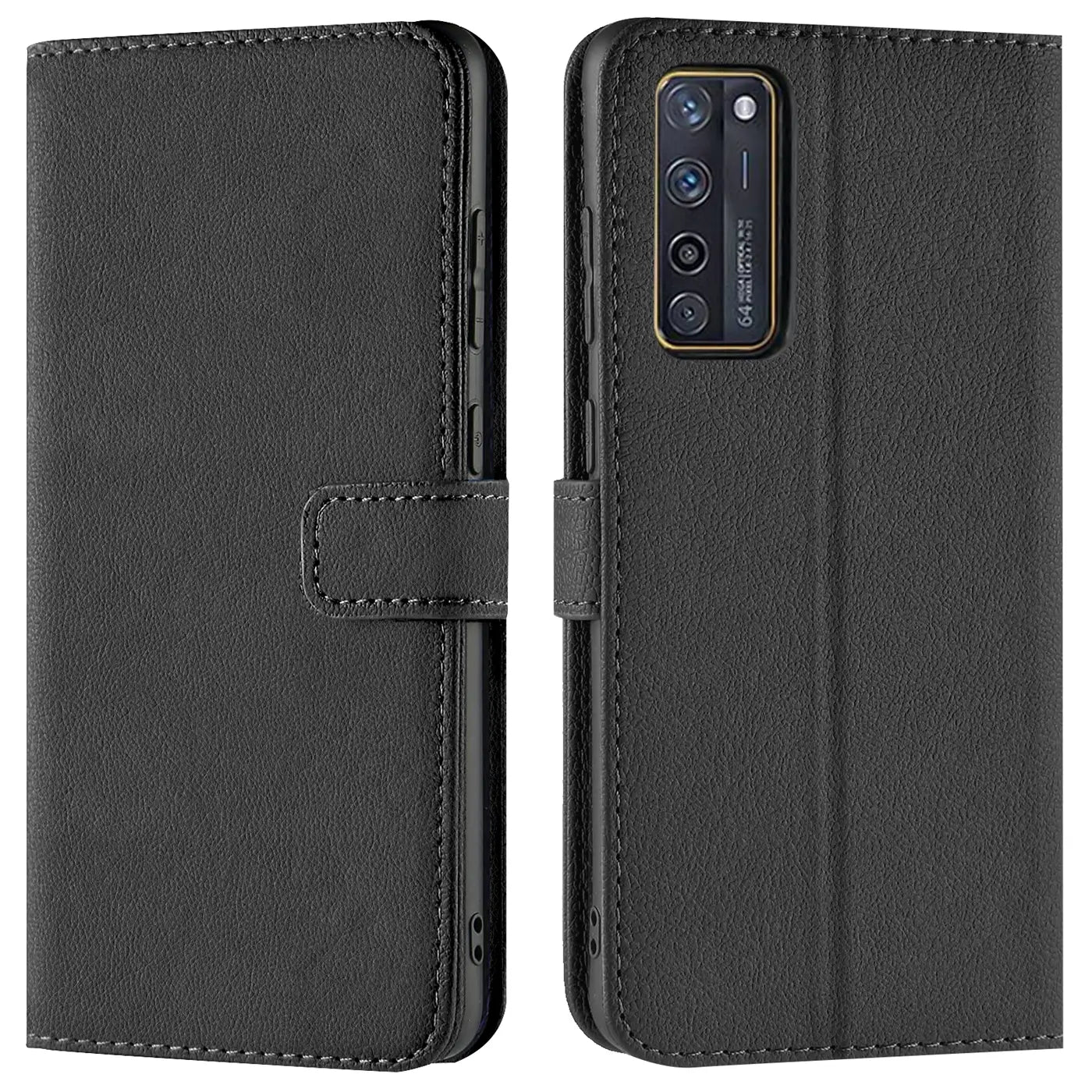 Schwarze Leder-Klapphülle mit Kartenfächern, Vorder- und Rückansicht, ZTE Axon 20