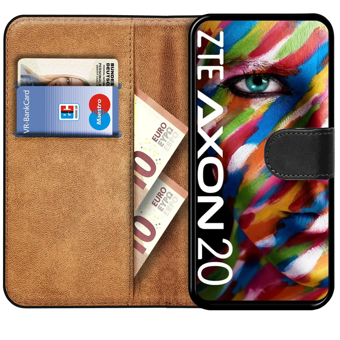 Braune Kunstleder-Klapphülle mit Kartenfächern für ZTE Axon 20, von vorn