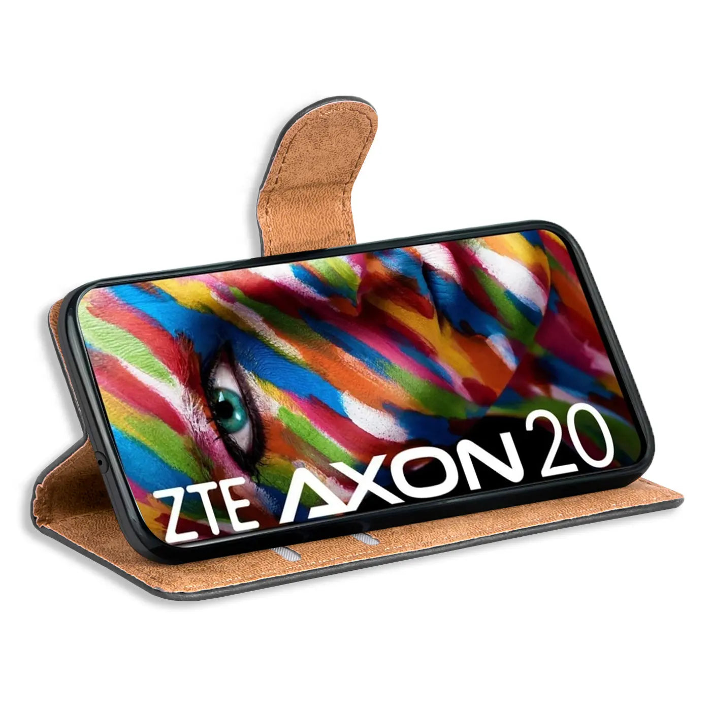 Braune Leder-Klapphülle mit Kartenfächern, zeigt ZTE Axon 20 mit buntem Motiv.