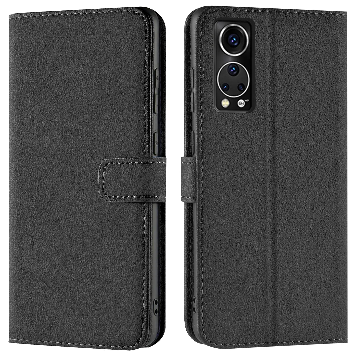 Schwarze Leder-Klapphülle für ZTE Axon 30, Vorder- und Rückansicht.
