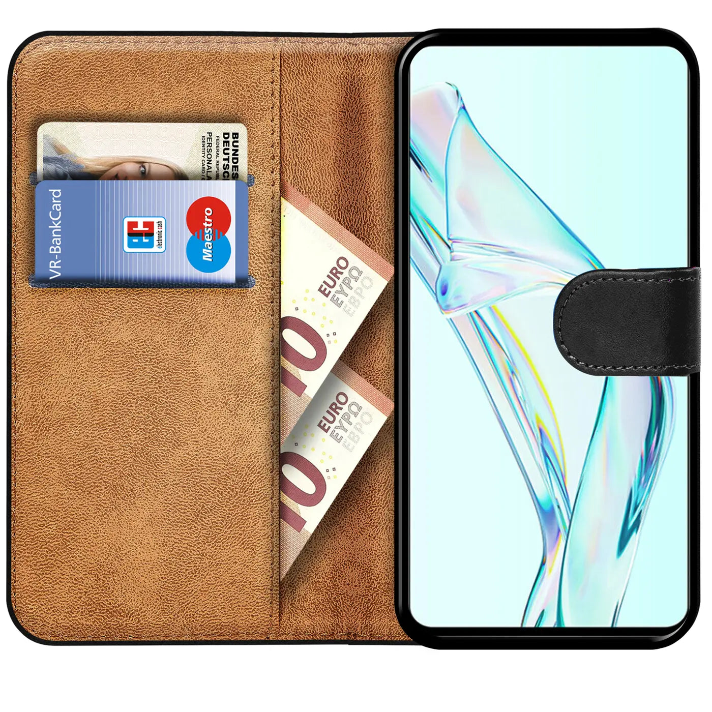 Braune Leder-Klapphülle mit Kartenfächern und Geldscheinen, zeigt ZTE Axon 30.