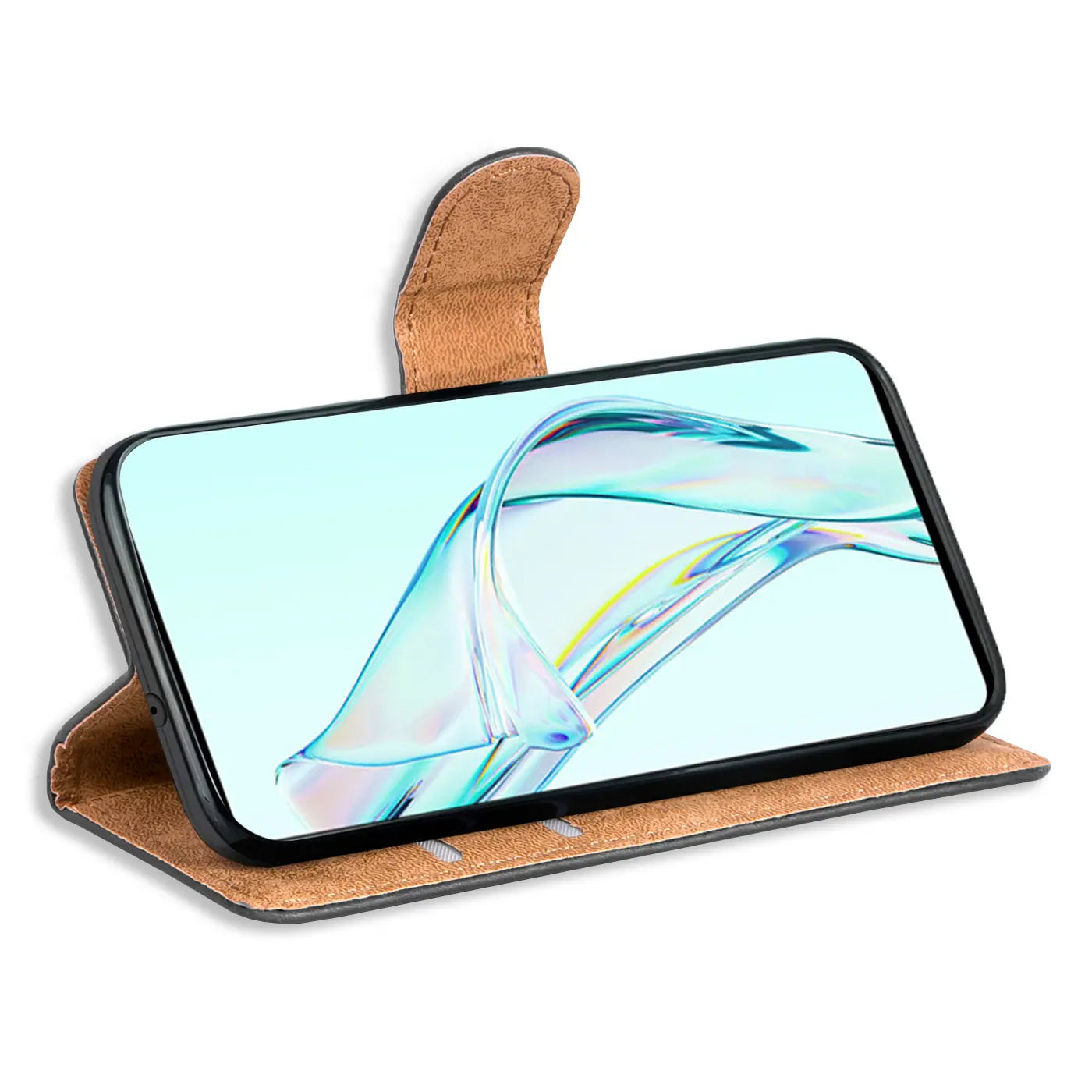 Braune Leder-Klapphülle mit Kartenfächern, seitliche Ansicht, zeigt ZTE Axon 30.
