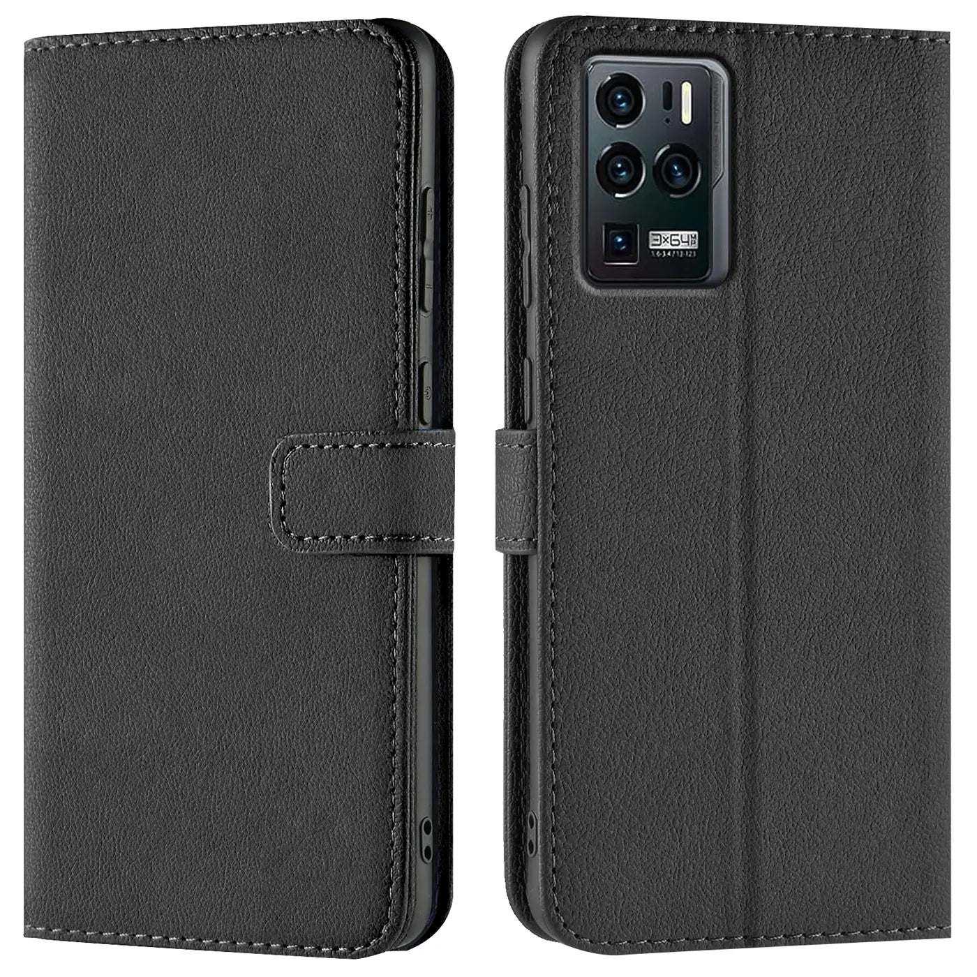 Schwarze Leder-Klapphülle mit Kartenfächern, Vorder- und Rückansicht, ZTE Axon 30 Ultra.