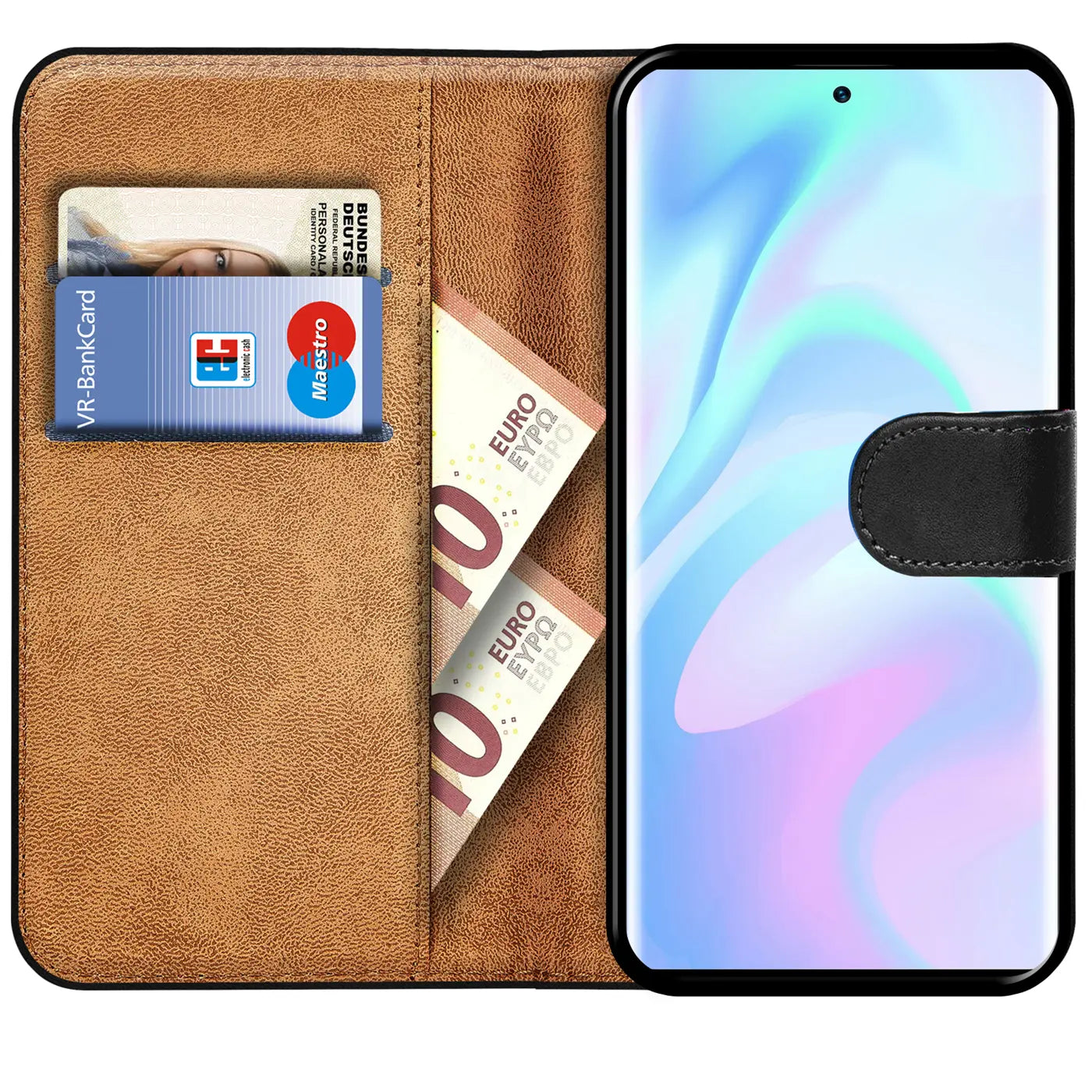 Braune Kunstleder-Klapphülle mit Kartenfächern und Geldscheinfach, zeigt ZTE Axon 30 Ultra.