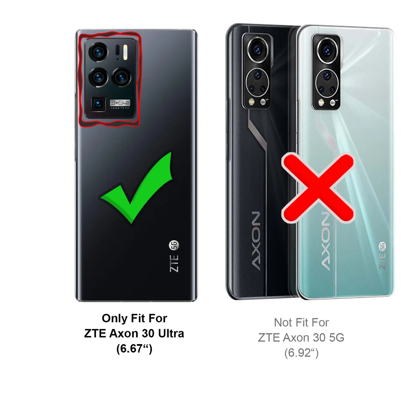 Rückansicht ZTE Axon 30 Ultra (6.67") schwarz, mit Kamera-Highlight. Daneben zwei Modelle.